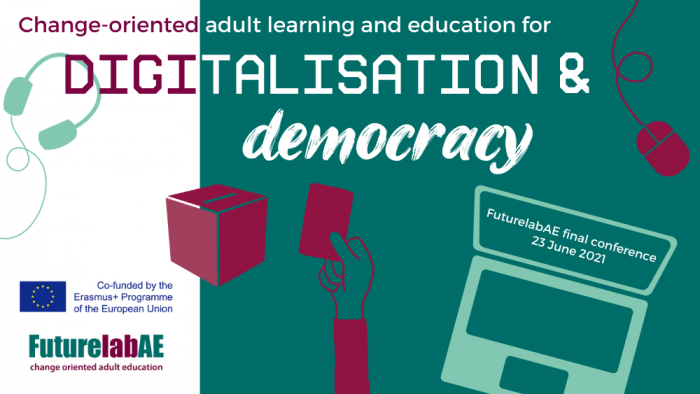 banner with text change-oriented adult learning and education for digitalisation and democracy, picture of headphones, ballot box, hand with a voting ticket, computer and a mouse