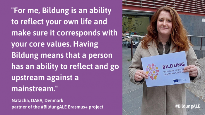 A woman holding a Bildung-sign and text:"For me, Bildung is an ability to reflect your own life and make sure it corresponds with your core values. Having Bildung means that a person has an ability to reflect and go upstream against a mainstream."