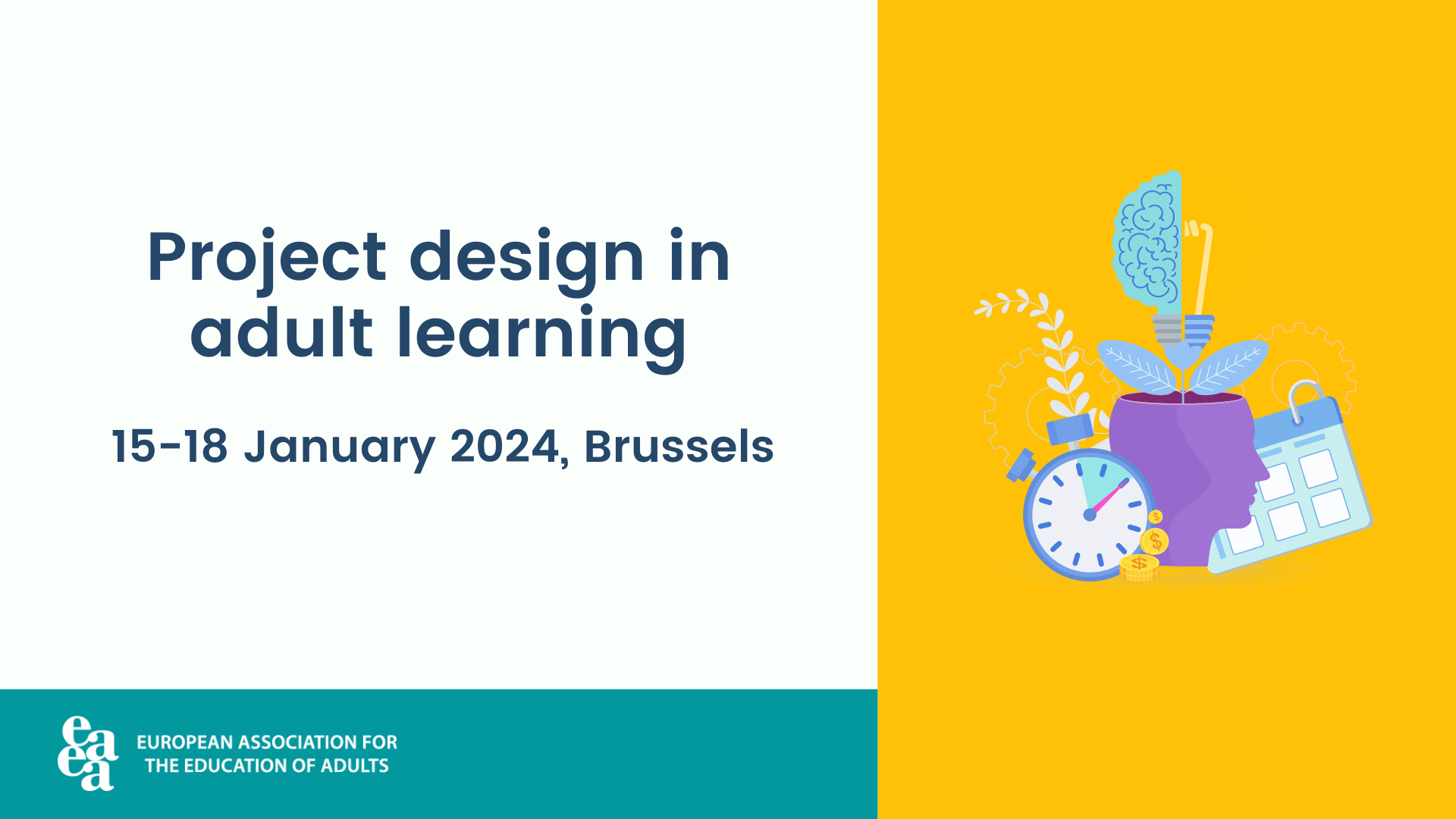 A visual banner with a colorful illustration on the right side, on the left the text says: Project design in adult learning 15-18th of January 2024 in Brussels.