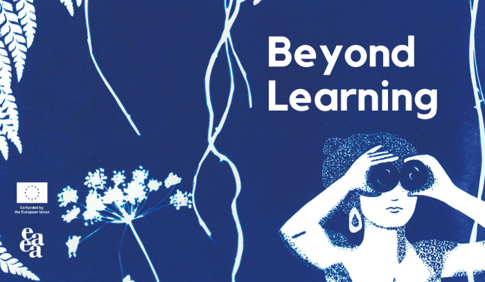 Banner with a blue background, a girl lookin through binoculars with the title "Beyond Learning" at the top.