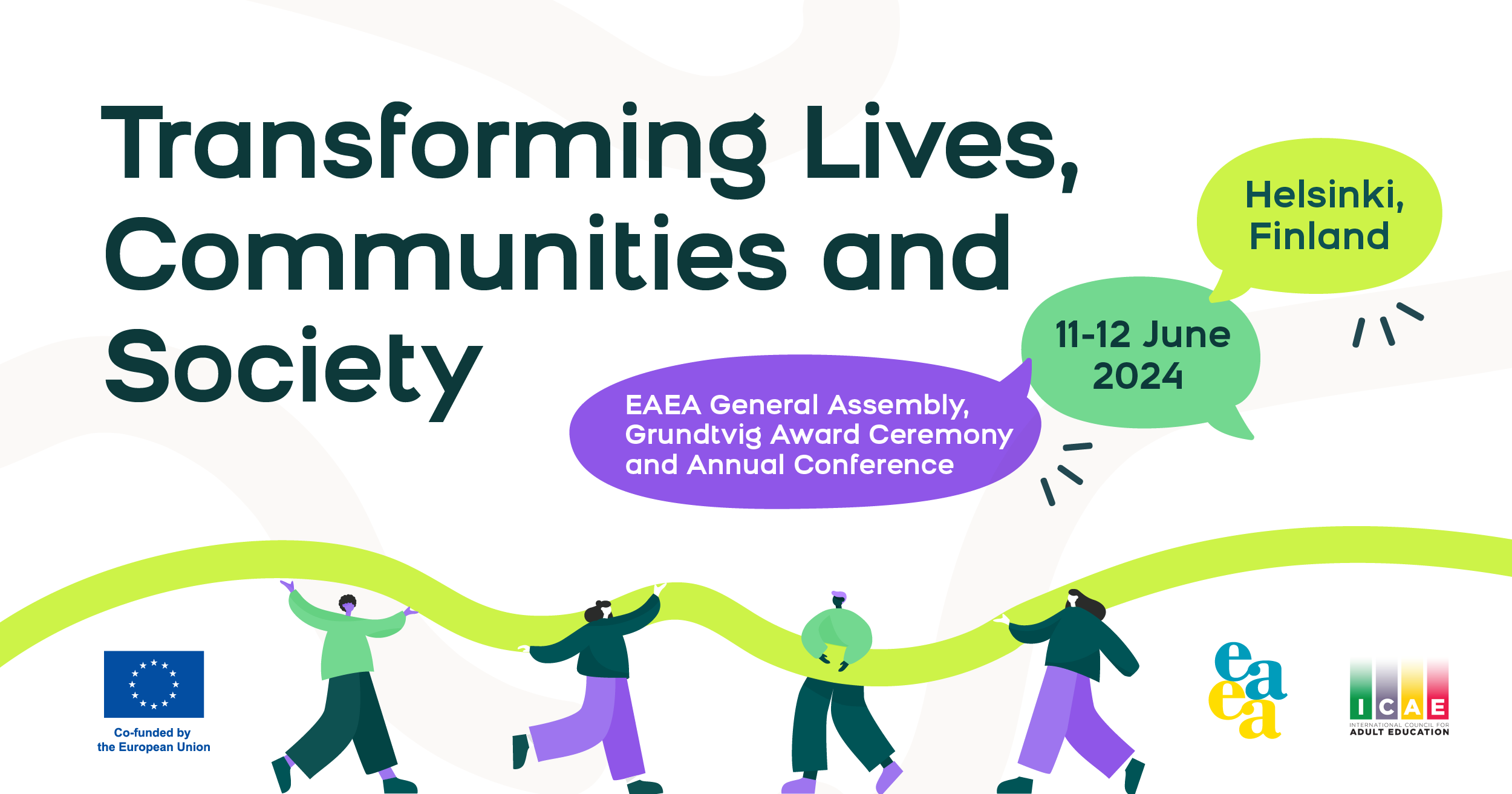 Banner with the title: Transforming Lives, Communities and Society. Logos of EAEA, ICAE and European Commission are included on the visual.