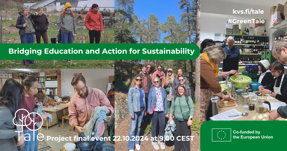 4 pictures, which present people standing in forest, mending clothes, and cooking together. Text: Bridging Education and Action for Sustainability 22.10.2024