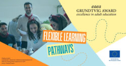 mage of smiling group of people, text Flexible Learning Pathways. Display project Coordinator: Hessischer Volkshochschulverband e.V. EAEA Grundtvig Award applicant in 2024 photo: Display project